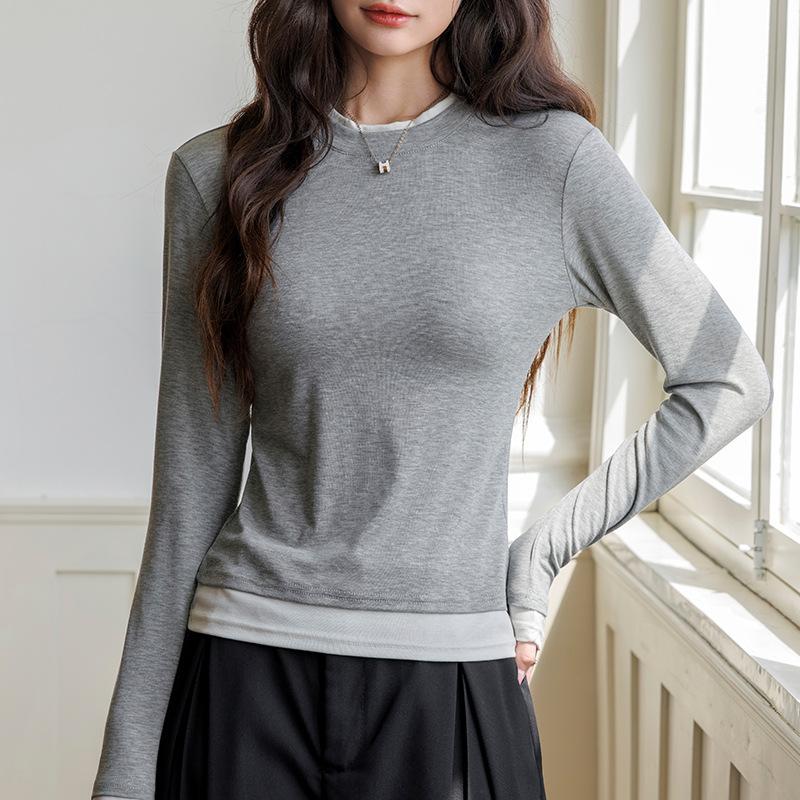 Fake two-piece crew neck bottoming shirt women's autumn and winter wool inner long-sleeved shirt top