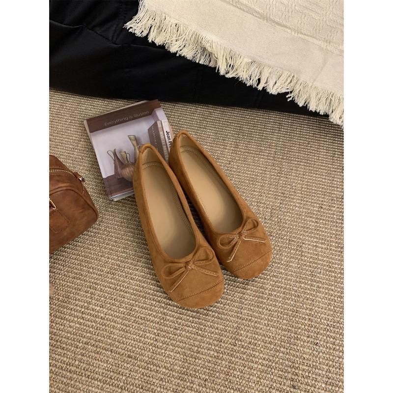 Candy Bow Light Mouth Suede Round Head Ballet Shoes Women's Soft Flat Bottom One Pedal Mary Jane Single Shoes