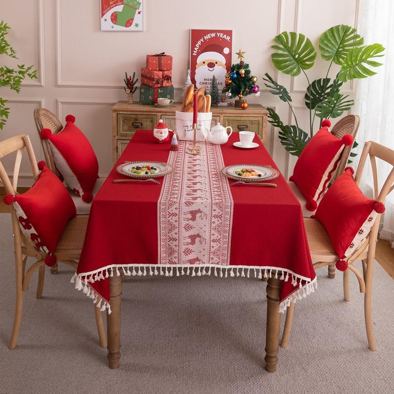 Red Christmas Reindeer Ball Jacquard Tablecloth Vintage Tassel Table Cover Dining Coffee Decor