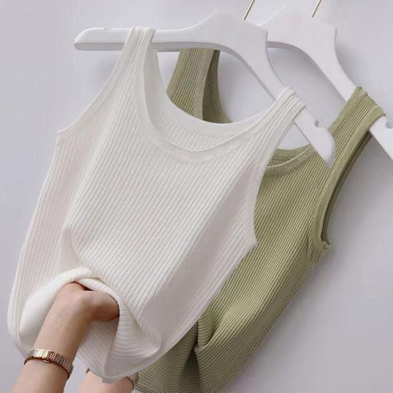 Women Summer Vest O-neck Sleeveless Slim Fit Tank Tops Solid Color Ice Silk Ribbed Pullover Tops Streetwear