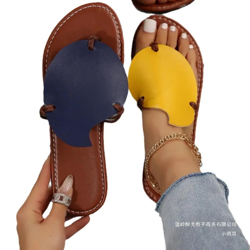 Fashion Sandalias De Mujer Large Size Color Matching Flat-bottomed Slippers Women's Leaf Upper Wear Beach Cool Slippers