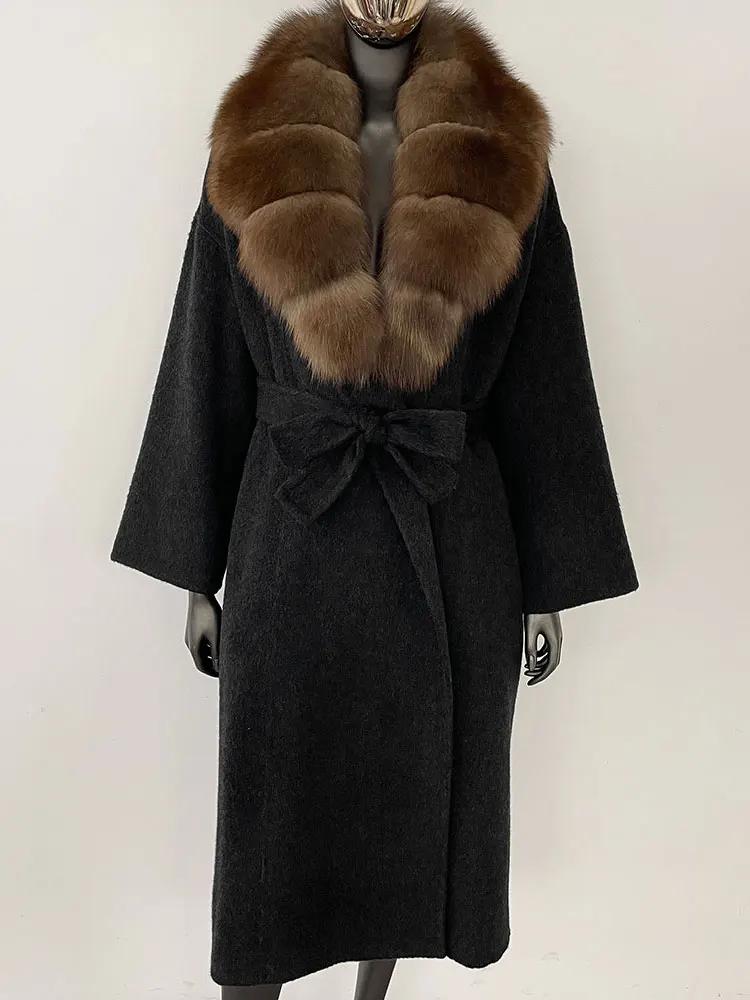 OFTBUY Kabát z pravé kožešiny 2024 Nadměrný dámský svrchní oděv Zimní dámská bunda s límcem z přírodní liščí kožešiny Kapuce Kašmírová vlněná směs Kabát