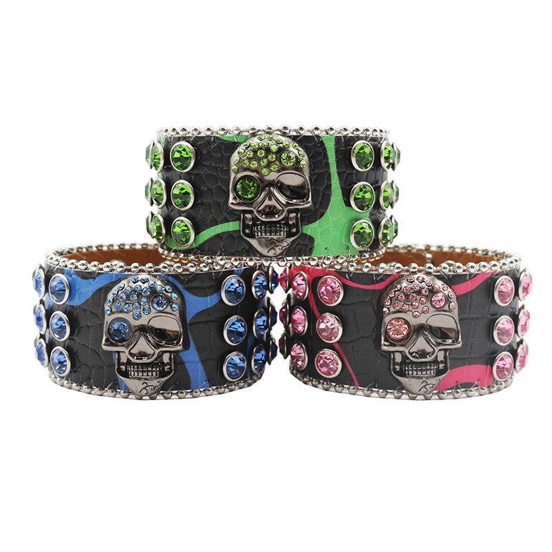 Skull Buckle Rhinestone Bracelet with Personality, Fashionable and Versatile PU Leather Bracelet, Hip-hop Punk Style with Full Personality