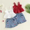 Kid Girls Summer Clothing Children Outfit Sets Bow Sleeveless Camisole and Elastic Cherry Denim Shorts Suit