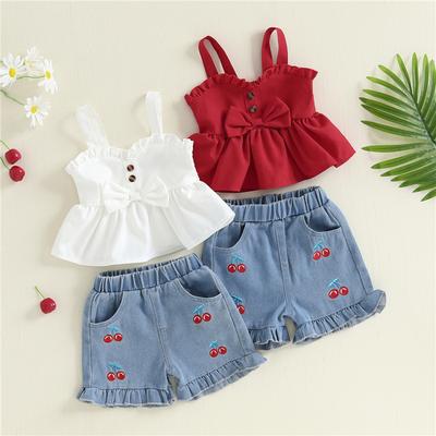 Kid Girls Summer Clothing Children Outfit Sets Bow Sleeveless Camisole and Elastic Cherry Denim Shorts Suit