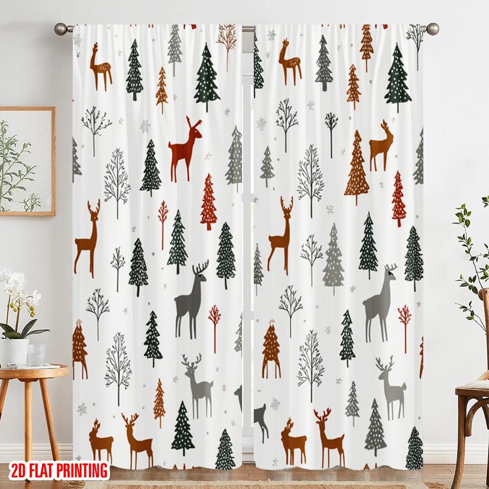 2Pcs,2D Plane Printing Curtains&Window Treatment Christmas Reindeer Snowflakes 100% Polyester (Without Rod) Outdoor Decorations
