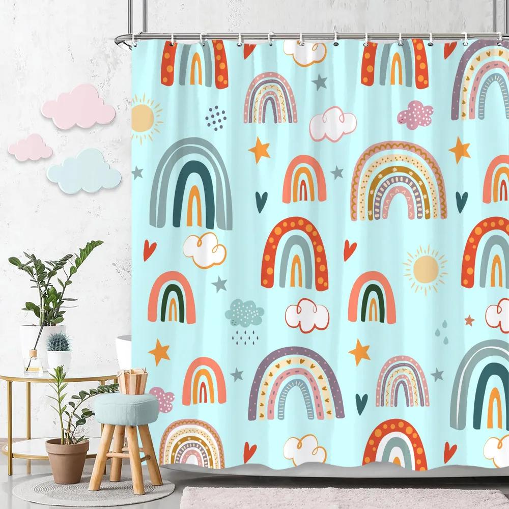 Rainbow Shower Curtain Colourful Cute Bohemian Abstract Print Kids Shower Curtain Polyester Fabric Art Bathroom Decor With Hooks