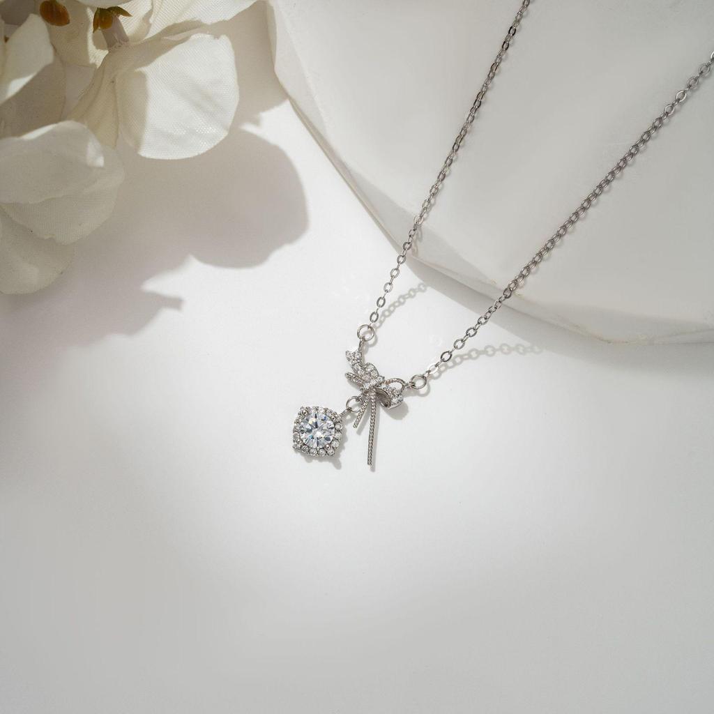 S925 Sterling Silver Zirconia Bow Necklace, Sweet Fairy Style Gift for Women.