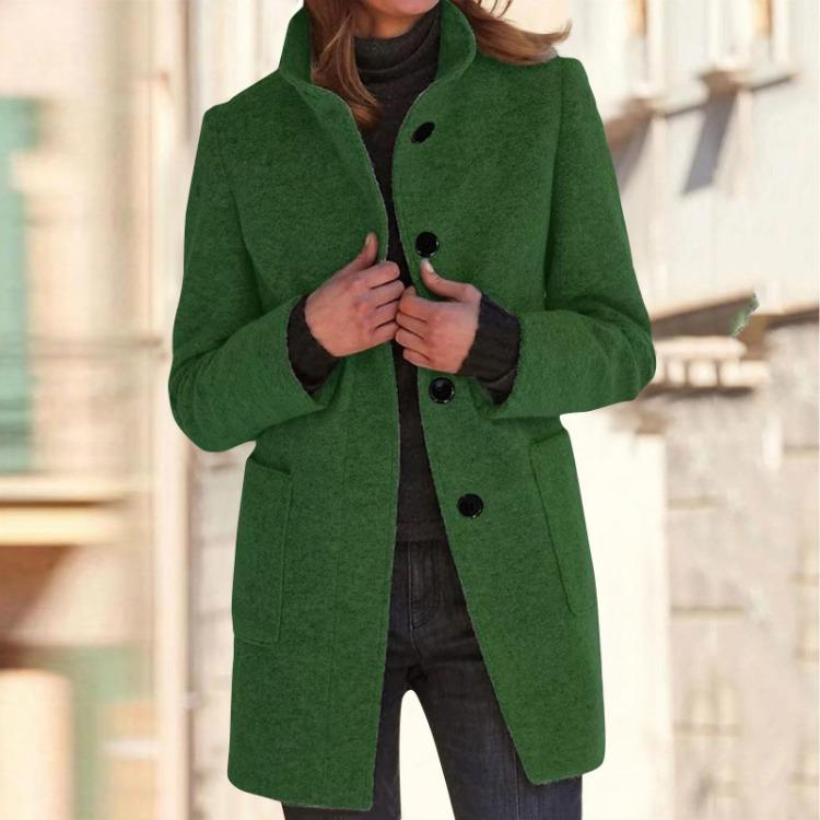 Women's Casual Solid Color Woolen Jacket with Collar and Pocket Long Sleeve Button Up Coat