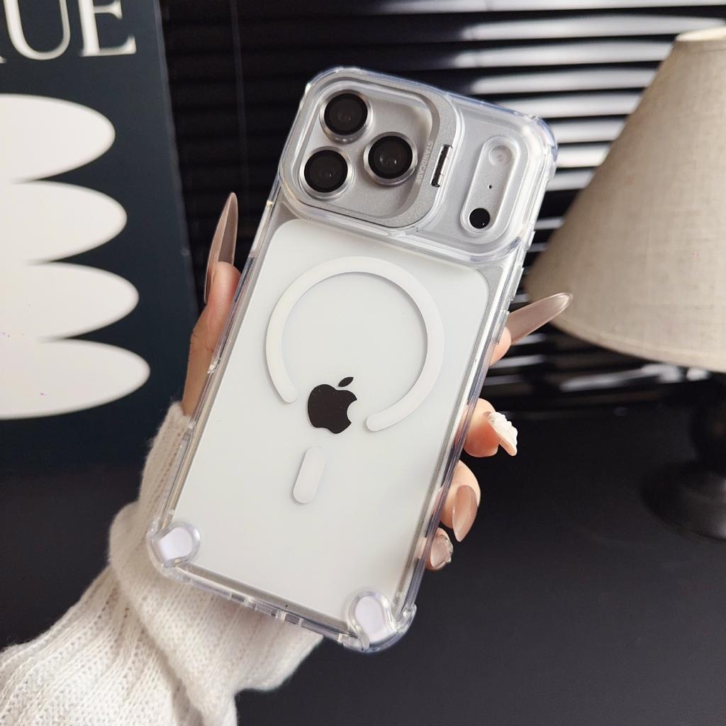 Transparent Acrylic Magnetic Shockproof Phone Case With Camera Lens Stand For Iphone