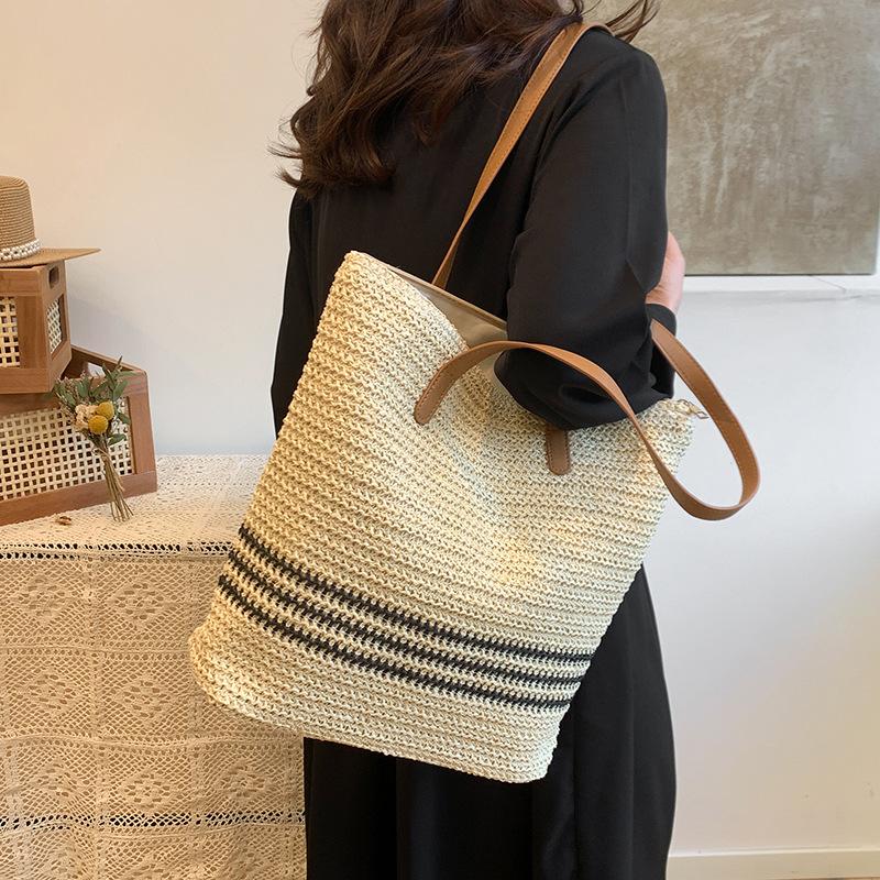 Bag spring new ins contrast stripe woven large capacity women's tote bag commuter shoulder bag beach bag