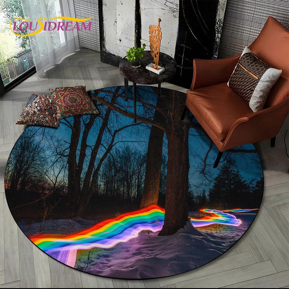 Runder Teppich mit chromatischer Farbtäuschung in Regenbogenfarben, Teppich für Wohnzimmer, Schlafzimmer, Sofa, Spielzimmer, Dekoration, rutschfeste Bodenmatte für Kinder