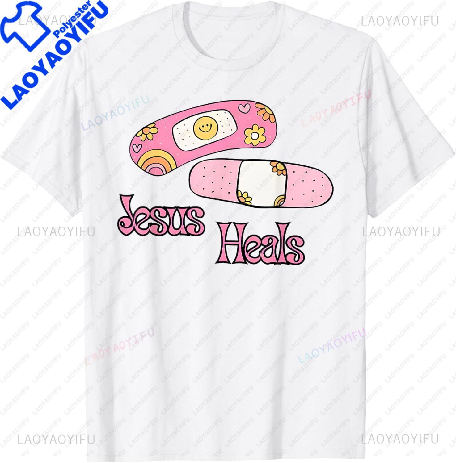 Jesus Heals Print Bandages Bandaids TShirt Custom Printed Graphic T Shirts Individuality Unisexs T Shirt Camisas Streetwear S