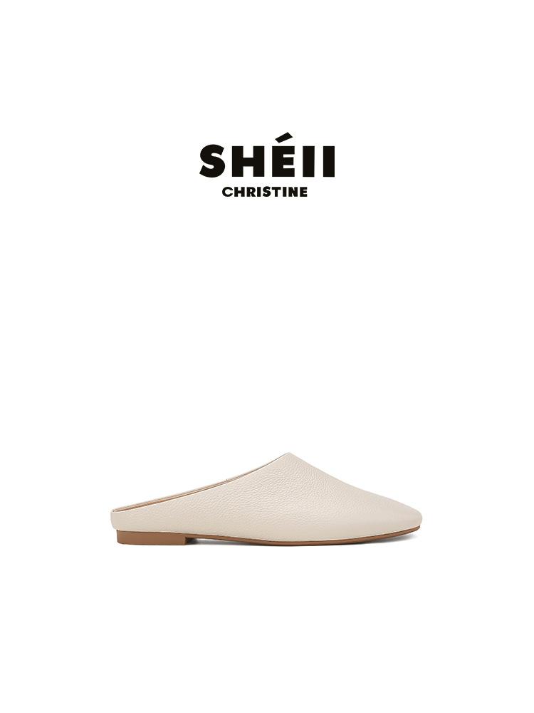 

Leather version~ Su Yinyin has the same Li pattern calf leather square head flat bottom half drag bag head shoes Muller row slippers women 34