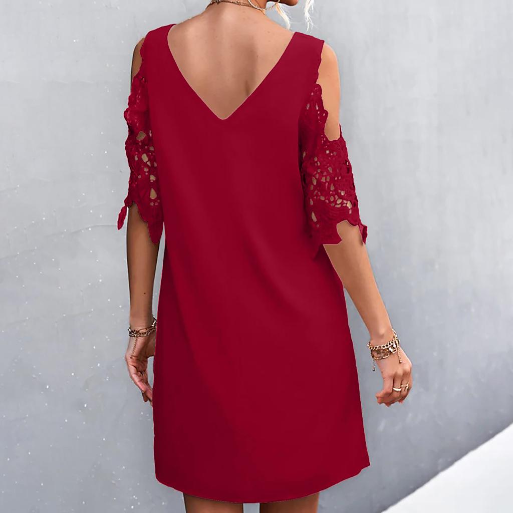 Fashion Women Solid Color V-Neck Off-Shoulder Dress Casual Loose Piece Dress