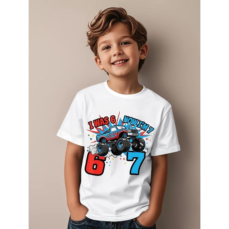 European sizes 7th Birthday Monster Truck No. 6 I'm Now 7 Years Old "67" Funny Aesthetic Print Kids' T-Shirt