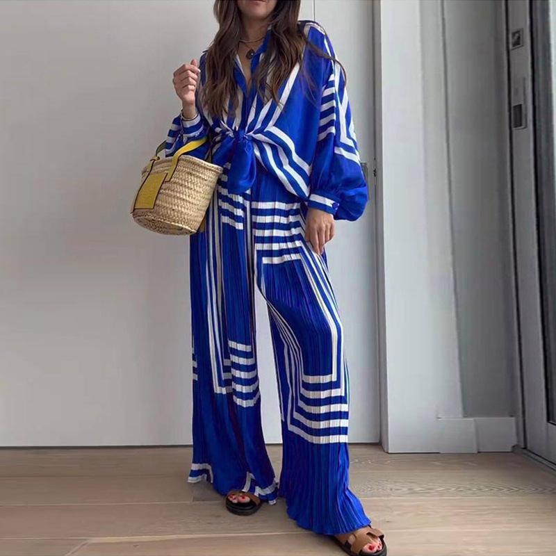 

Summer Striped 2 Piece Outfits Long Sleeve Collared Shirt and Pleated Wide Leg Pants Loose Fit Fashion Casual Vacation Daily Wear Suit S синий