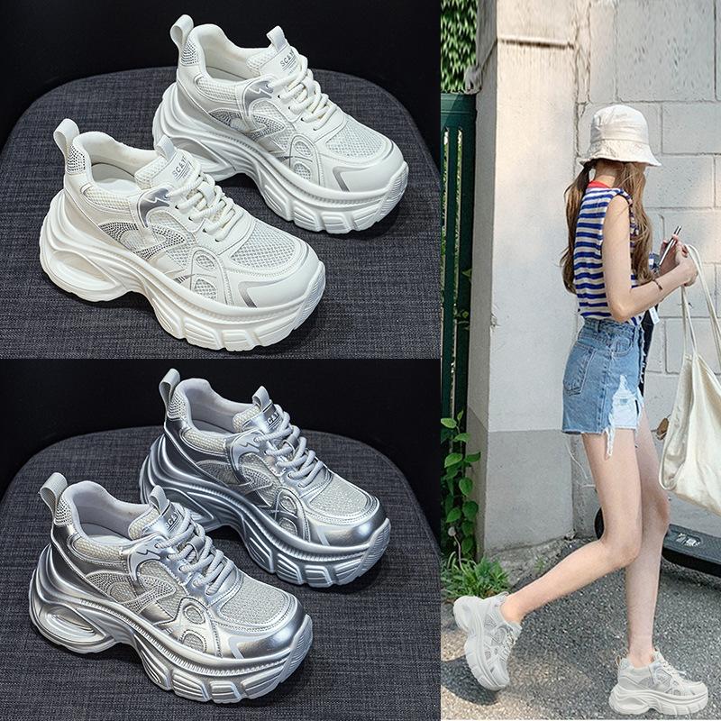 Thick-soled dad shoes women's transparent mesh thick-soled inner height increase plus rhinestones casual fashion versatile women's shoes