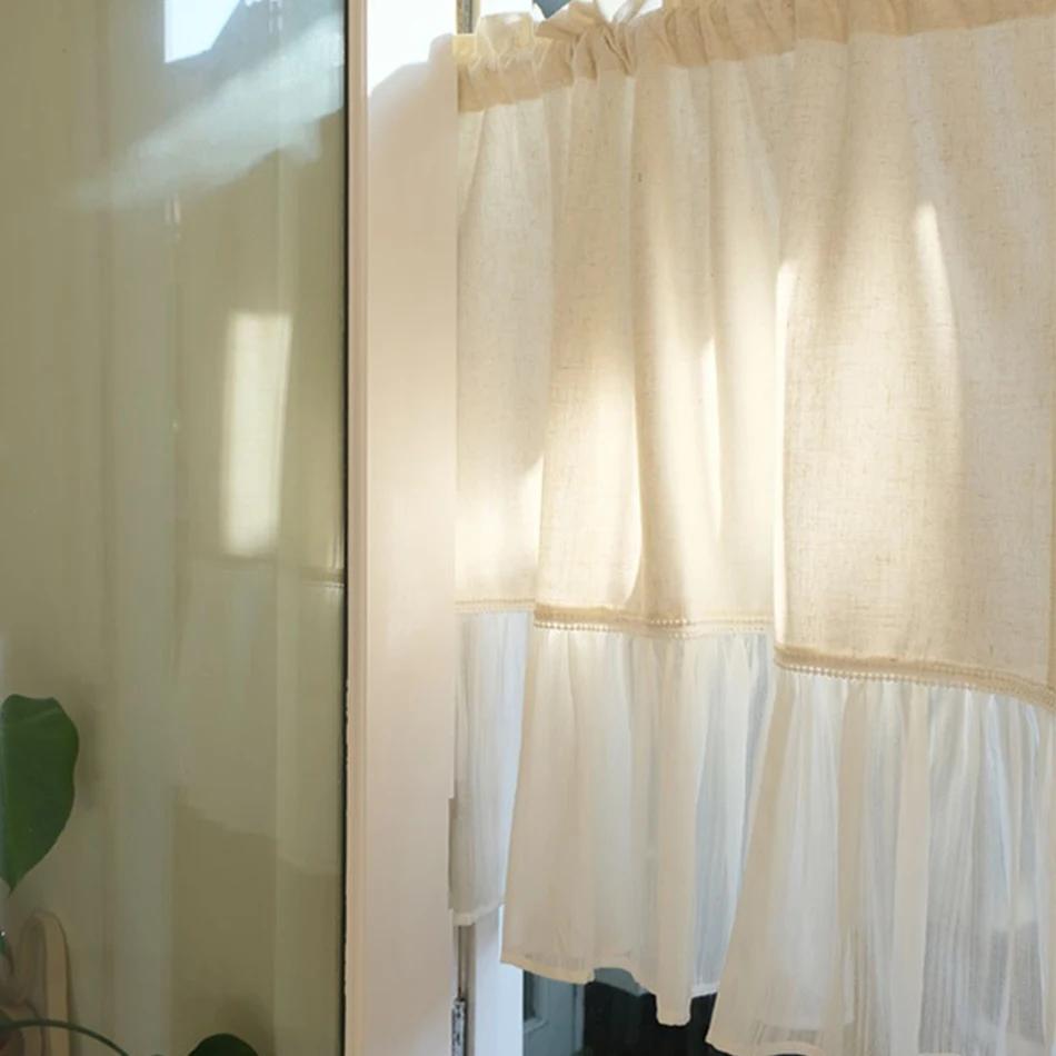 Linen Blending Spliced chiffon Curtains Road Pocket Shade Curtain for Kitchen Bedroom Living Room Bay Window Cabinet Curtain