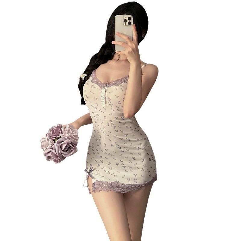 Sexy Pajamas Women's New Pure Desire Floral Suspender Skirt Hot Lace Nightdress with Chest Cotton Loungewear