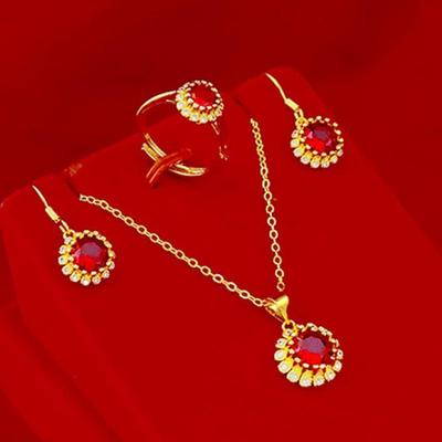 Juego de Joyería de Girasol de Latón Chapado en Oro: Anillo de Gema Margarita, Collar y Pendientes con Micro-Pavé de Rubí para Mujer