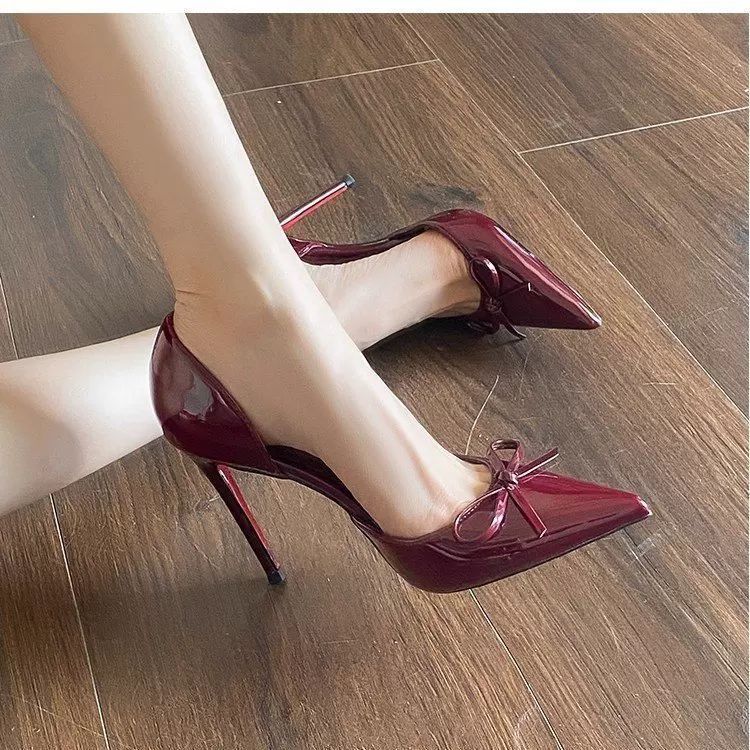 Thin heel pointed head women's versatile bow sexy women's single shoes side empty high heels