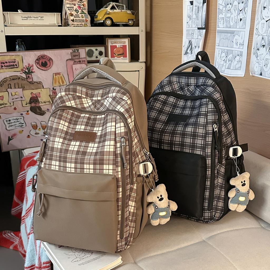 Schoolbag, student college backpack, checkered backpack, large capacity, backpack for middle and high school students, high school backpack