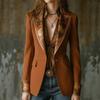Women Vintage Brown V Neck Long Sleeve Blazer Jacket