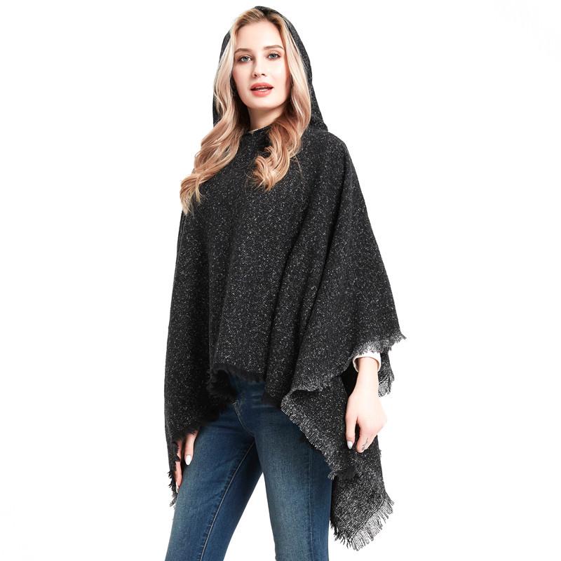European & American Women’s Black Hooded Pullover Cape with Floral Shawl Clip, Suitable for Spring, Autumn, and Winter