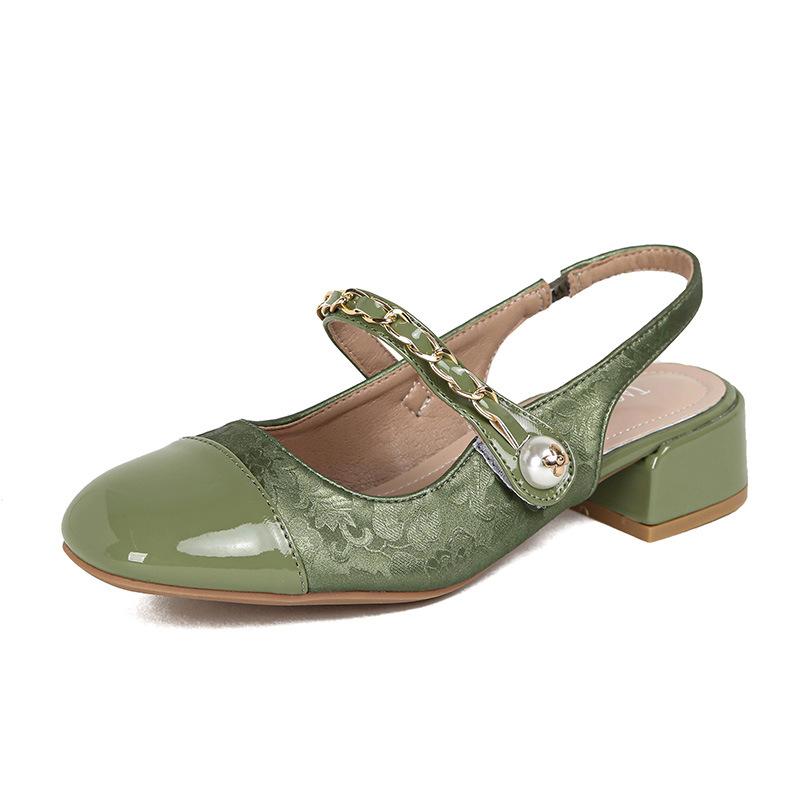 

Fashion summer shoes green leather patchwork women silk sandals square toe pearl chains strap med-high heels sandalias mujer big size 43 35 зелёный