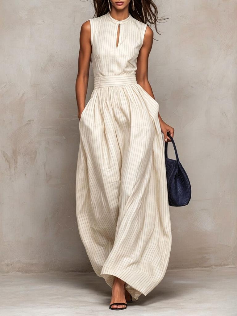European and American style summer new temperament fashion striped sleeveless waist wide leg long jumpsuit