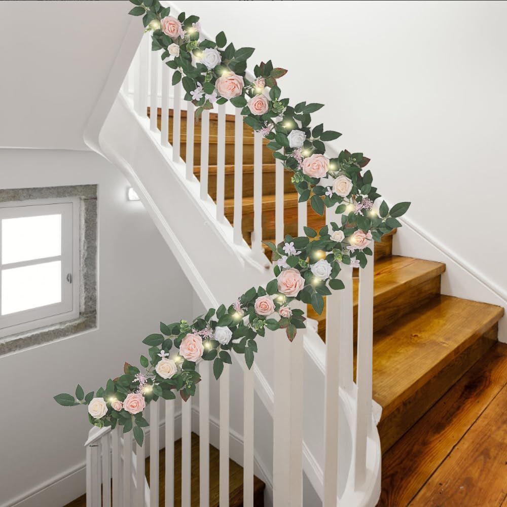 6 Ft Flower Garland with Lights, Artificial Eucalyptus Garland with Rose Flowers, MYXUANFA Flower Vine for Wedding Arch Table Centerpiece Room Decor