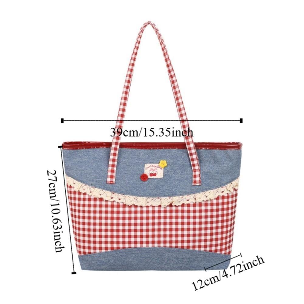 Lattice Lace Bow Shoulder Bag Rural Style Commuting Tote Bag Retro Denim Plaid Handbag Students