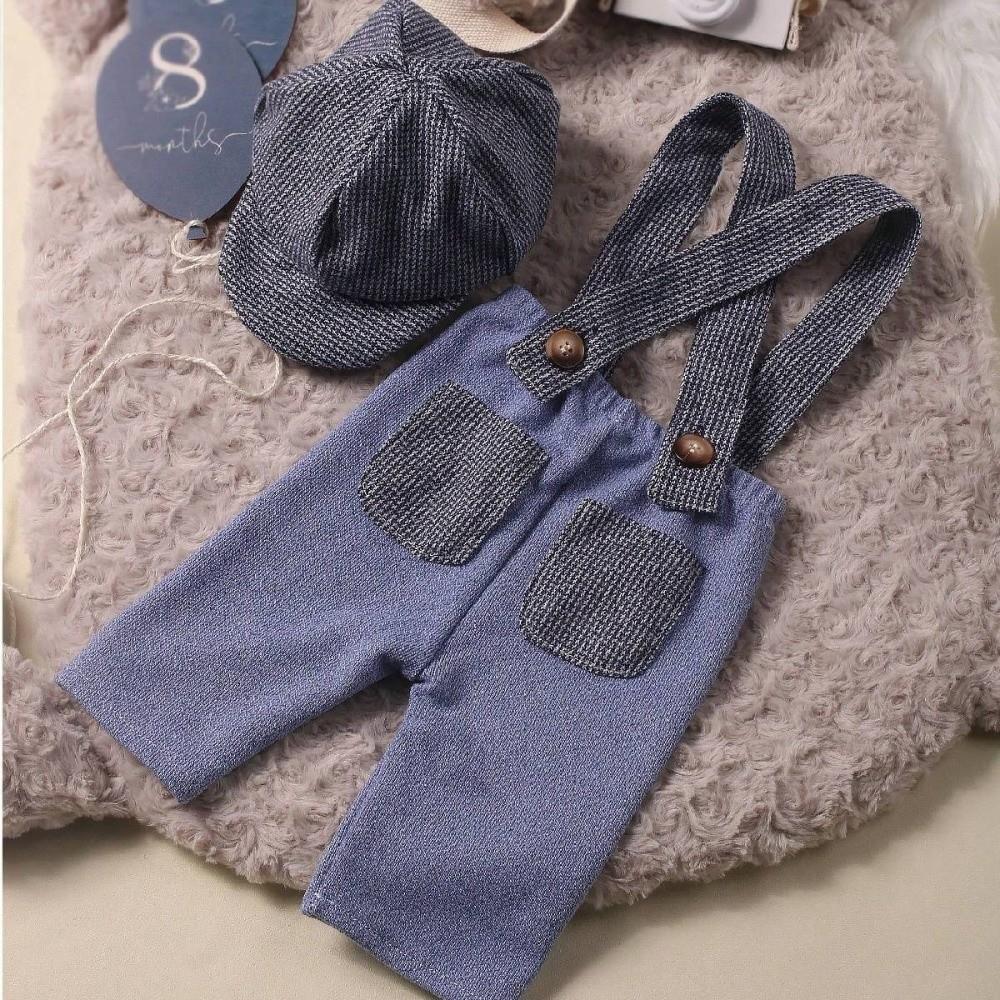 Suspender Romper Newborn Photography Outfit Newsboy Hat Baby Romper Set  Baby Photo Shoot