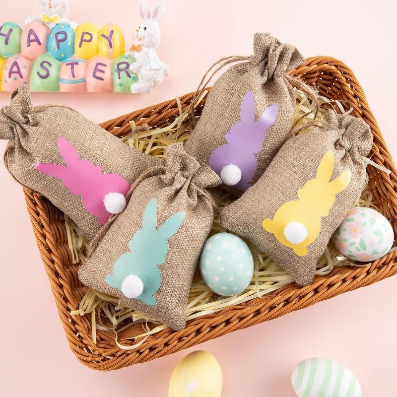 18pcs Bunny Durable Burlap Gift Bags Gift Wrap Drawstring for Easter Candy with Twine Present Pouches Easter Party Favors