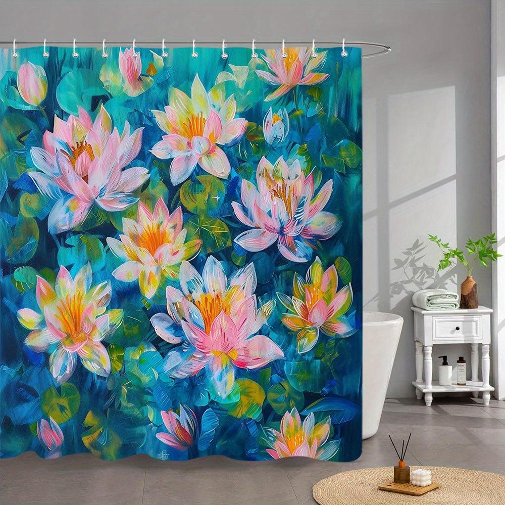 1pc Water Lily Pond Shower Curtain - Watercolor Impressionist Floral Design with Pink & White Flowers, Yellow Centers, Green