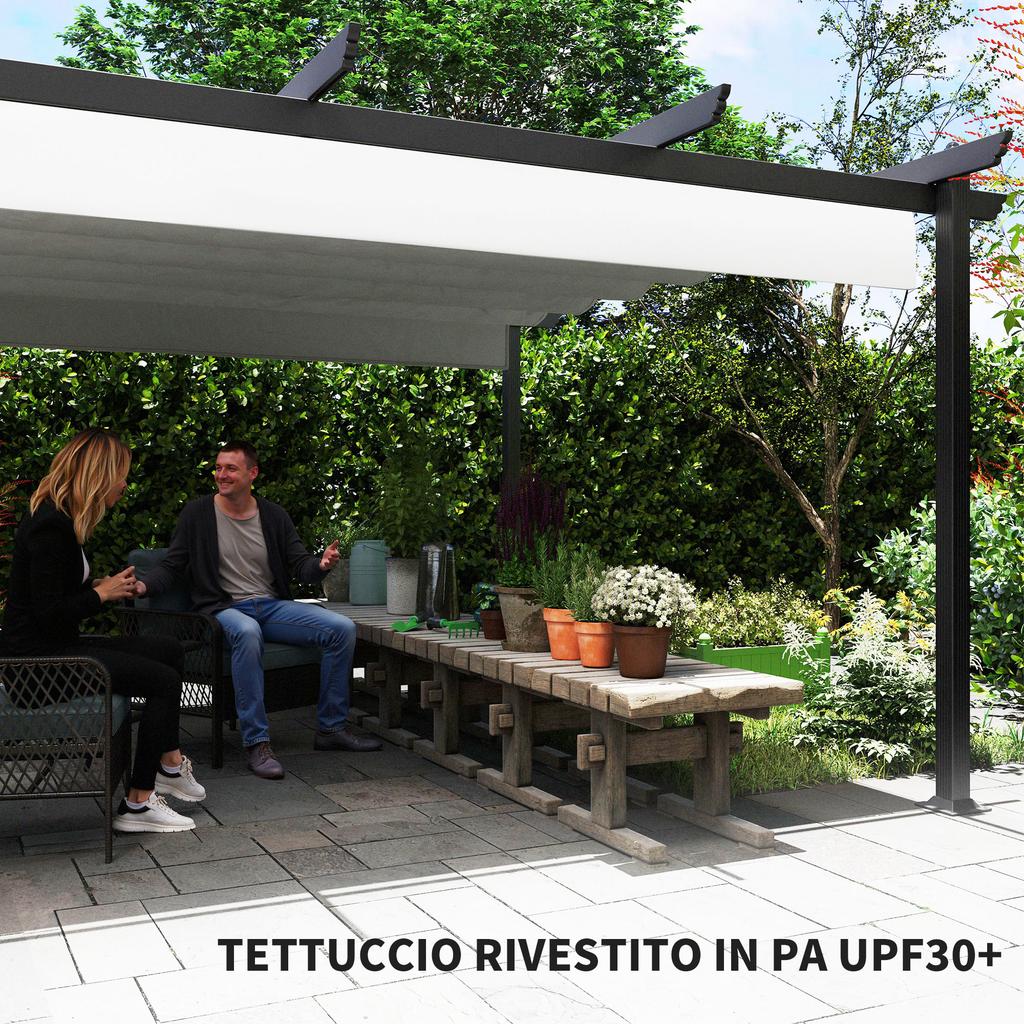Gazebo Pergola 4x4 M with Retractable Canopy, 8 Screws and 8 Stakes In Aluminum, Polyester and Metal, White