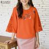 ZANZEA Women Casual Round Neck Loose Print 3/4 Sleeve Blouse