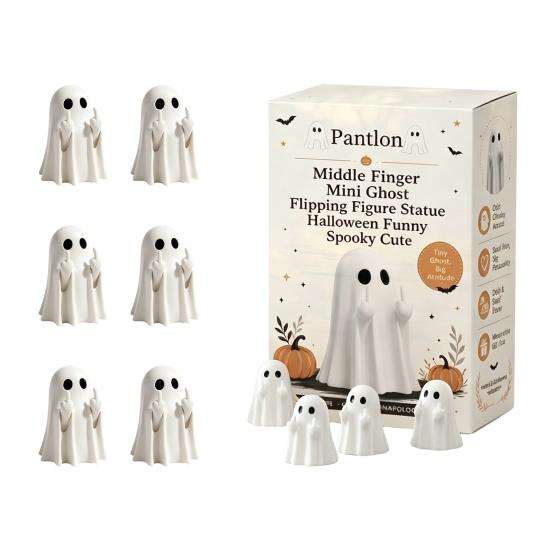 Small Haunted House Props Mini Ghost Flipping Middle Finger Figurines for Halloween Decorations, Miniature Resin Office Shelf Ornaments Statue Tiered