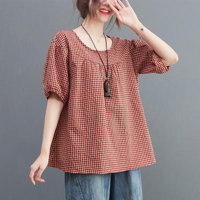 Mode Sommer Halbarm O-Ausschnitt Bluse Damen Kariert Bedrucktes Hemd Plissiert Blusas Elegant Arbeit Lässig Locker