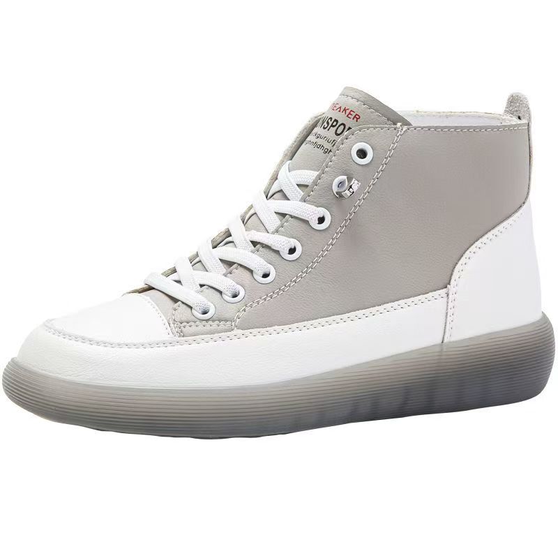 Woman's Spring Autumn New Leather High Top Casual Board shoes Flat Sole Round Toe Lightweight Non Slip Lace Up Little White Shoe