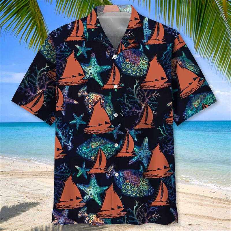 Pánská letní košile s 3D potiskem plachetnice, ležérní vintage streetwear top s krátkým rukávem