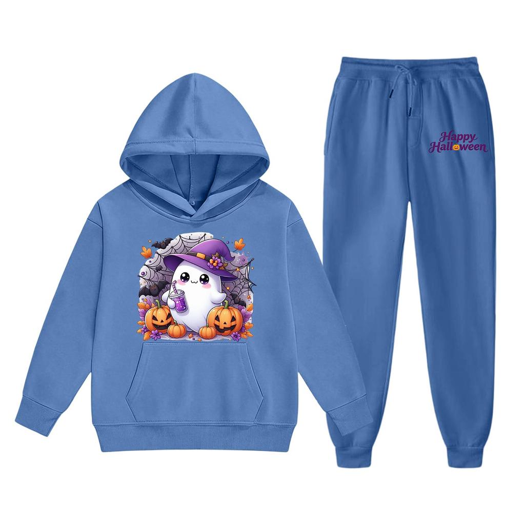 Kids Halloween Hoodie and Sweatpants Set Cute Ghost Print Pullover Hooded Sweatshirt and Matching Bottoms for Children Soft Comfortable Outfit