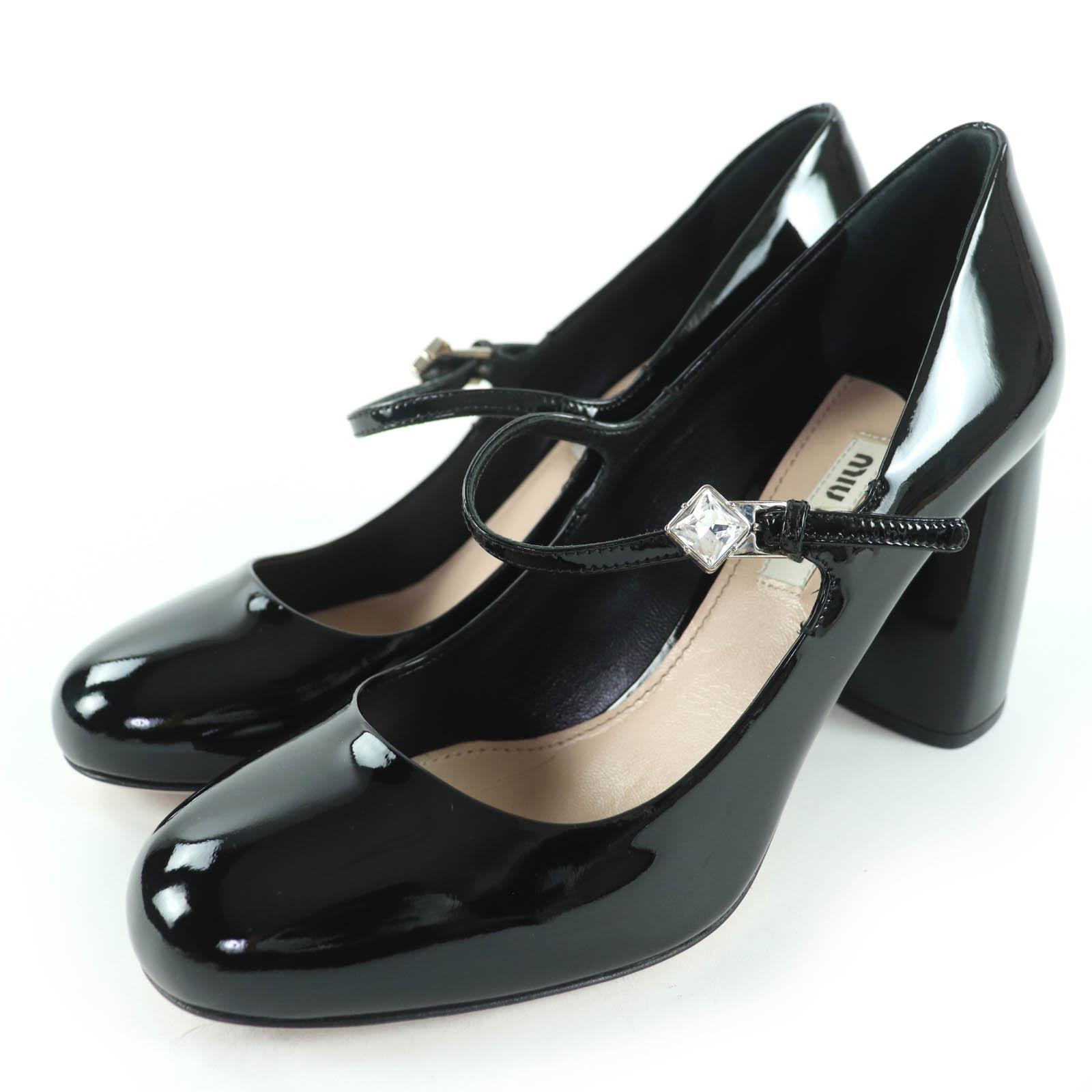 Идеальные туфли-лодочки MIUMIU Стразы Массивный каблук Лакированная кожа Черный Женские 36 Б/у