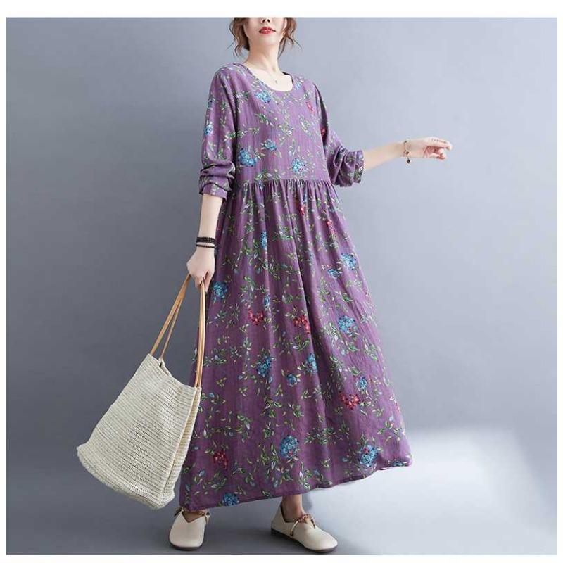 New Literary Plus Size Printed Long Sleeve Ethnic Style Dresses