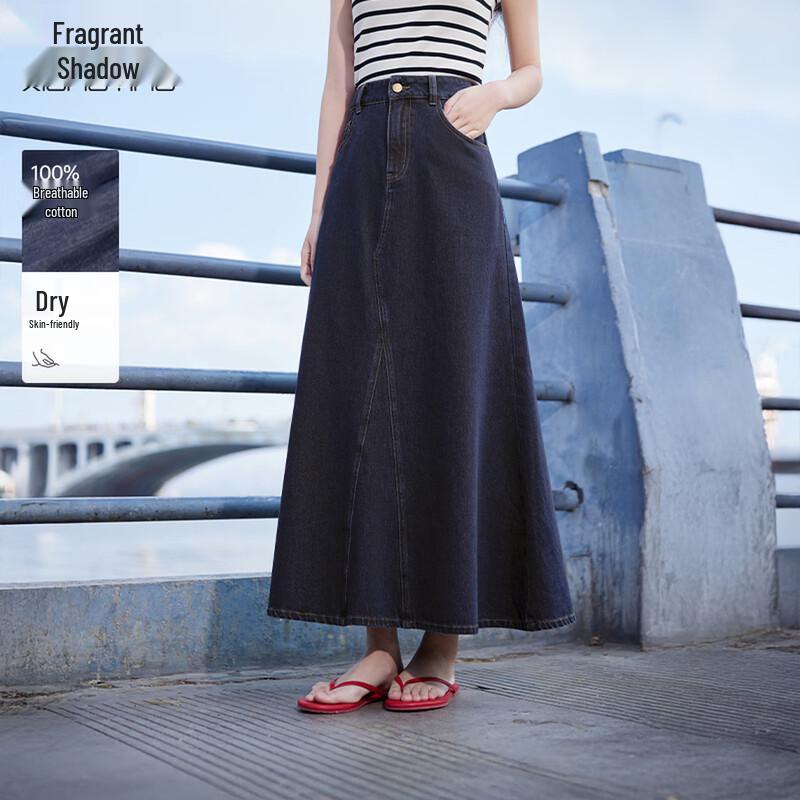 Xiangying Women s Retro Blue Denim Midi Skirt S