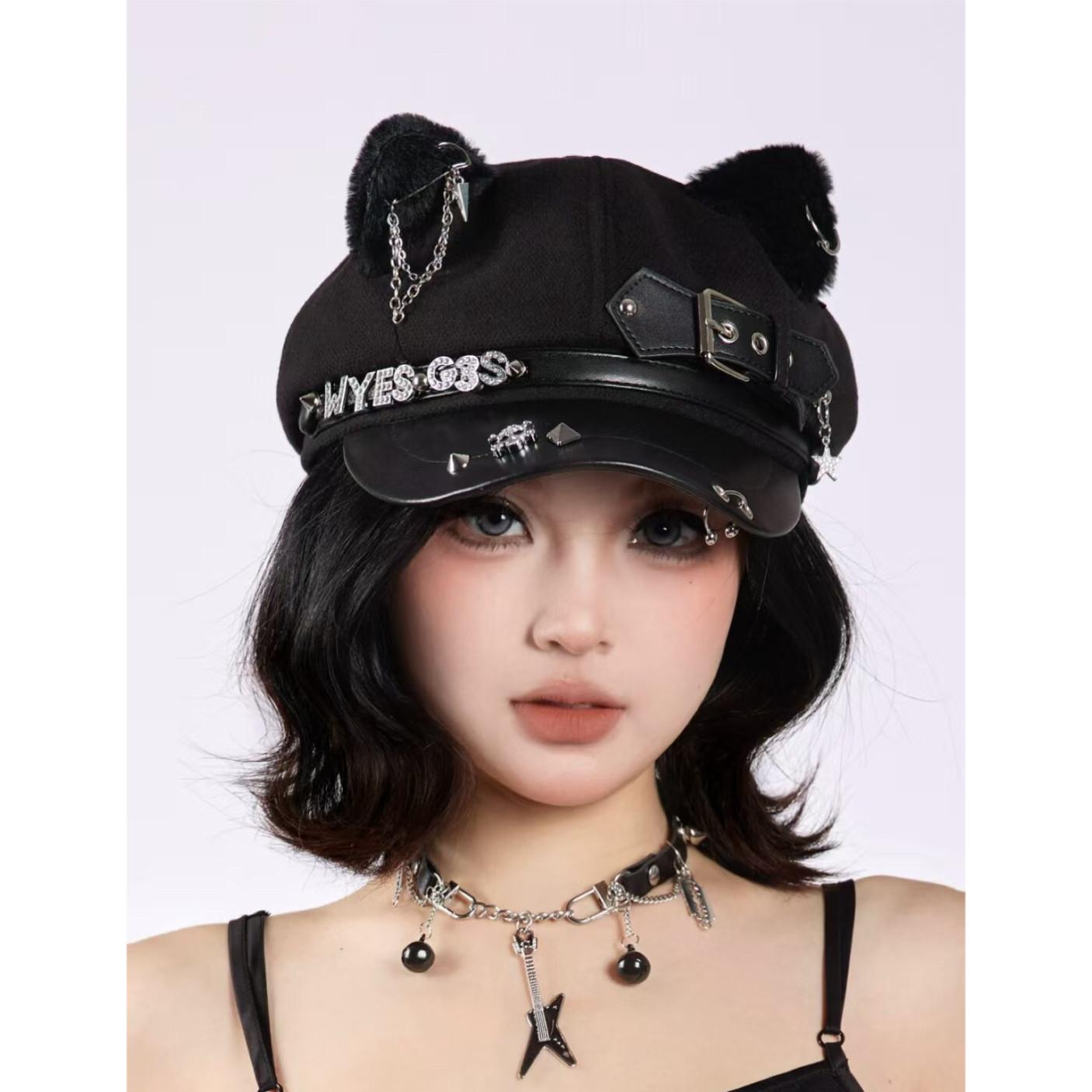 Hot Girl Subculture Handmade Punk Rivet Cat Ear Hat Trendy Beret Bionic Cat Doll Ins Style Cute Beret чёрный