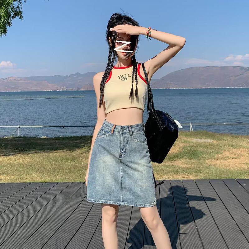 

Женская летняя джинсовая мини-юбка 2025 с высокой талией, облегающая, А-силуэта - трендовый стиль бодикон Large