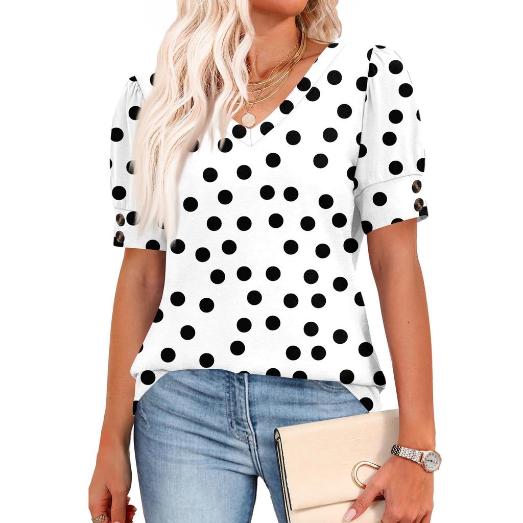 Womens Tops Short Sleeve Shirts Buttons V Neck  Fashion Outfits  Blouses  Casual