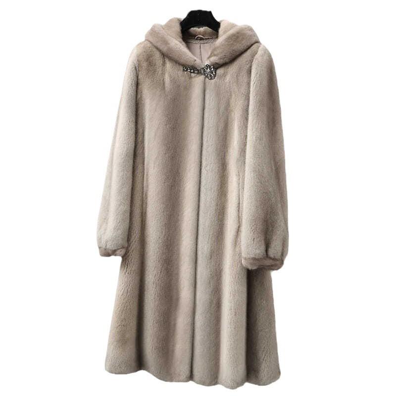 Womens Faux Mink Fur Coat Mid-Length Hooded Winter Warm Outerwear Elegant Casual Wear